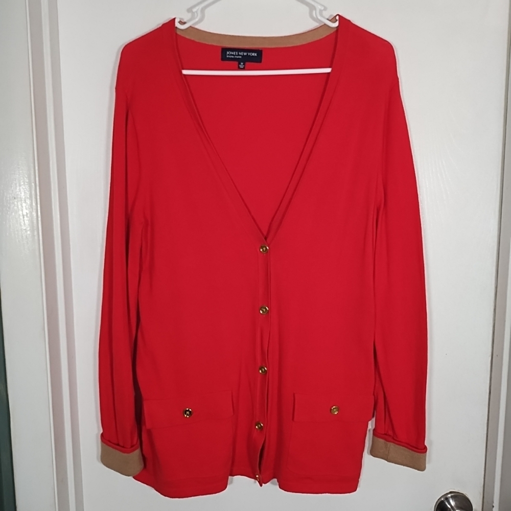 Jones NY Women's M Red Cardigan Sweater Pockets Lightweight Tunic Length